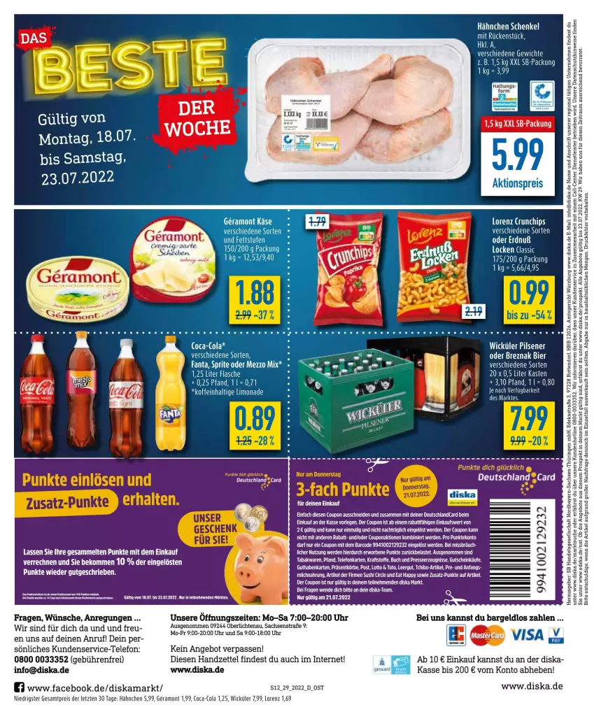 Aktueller Prospekt Diska - Prospekte - von 18.07 bis 23.07.2022 - strona 12 - produkty: aktionspreis, angebot, angebote, beko, bier, buch, chips, coca-cola, cola, coupon, crunchips, deka, eis, ente, erde, fanta, flasche, gin, gutschein, kraft, lorenz, lorenz crunchips, Mezzo Mix, milch, reis, sac, sprite, Sushi, tee, telefon, Ti, Tiere, uhr, WICK, ZTE