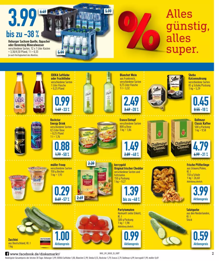 Aktueller Prospekt Diska - Prospekte - von 18.07 bis 23.07.2022 - strona 2 - produkty: aktionspreis, Alwa, Becher, beere, burger, cheddar, dallmayr, deka, drink, eintopf, eis, elle, energy drink, erasco, flasche, froop, frucht, gin, gurke, kaffee, katzennahrung, kerrygold, mineralwasser, Müller, müller froop, Pfifferlinge, reis, Rockstar, sac, saft, salat, Salatgurke, Schal, Schale, sheba, Ti, tomate, tomaten, topf, wasser, wein, ZTE, zucchini