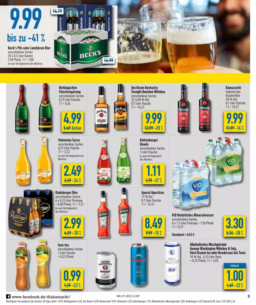 Aktueller Prospekt Diska - Prospekte - von 18.07 bis 23.07.2022 - strona 8 - produkty: alkohol, altenburger, Alwa, aperol, Berger, bier, bourbon, bourbon whiskey, bowle, burger, cola, ecco, eis, enders, flasche, fuze tea, getränk, gin, jim beam, katlenburger, kräuter, kräuterlikör, likör, mineralwasser, natürliches mineralwasser, pils, radeberger, rama, ramazzott, ramazzotti, reis, rotkäppchen, Ti, tonic, tuc, valensina, wasser, whiskey, zott, ZTE