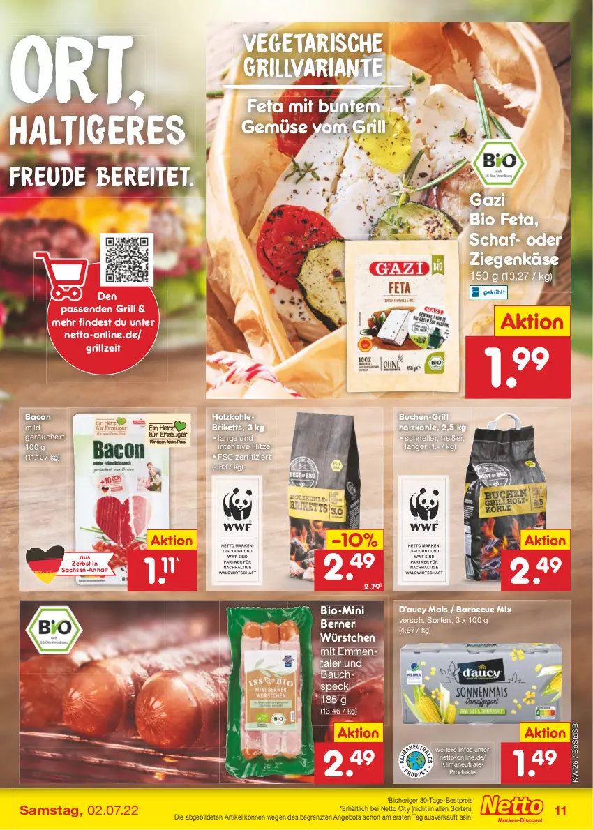 Aktueller Prospekt Netto Marken-Discount - Filial-Angebote - von 27.06 bis 02.07.2022 - strona 11 - produkty: angebot, bacon, barbecue, Bau, bestpreis, bio, briketts, buch, discount, eis, elle, emmentaler, feta, grill, Holz, holzkohle, Käse, mais, reis, Ria, sac, Speck, Ti, Vegeta, würstchen, ziegenkäse, ZTE