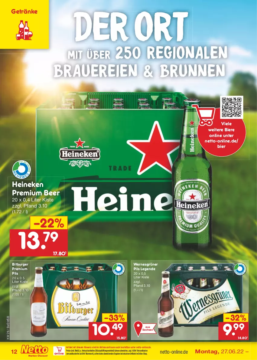 Aktueller Prospekt Netto Marken-Discount - Filial-Angebote - von 27.06 bis 02.07.2022 - strona 12 - produkty: auer, bier, Biere, bitburger, brunnen, burger, eis, getränk, getränke, heineken, ndk, pils, premium pils, reis, sac, Ti, versandkostenfrei