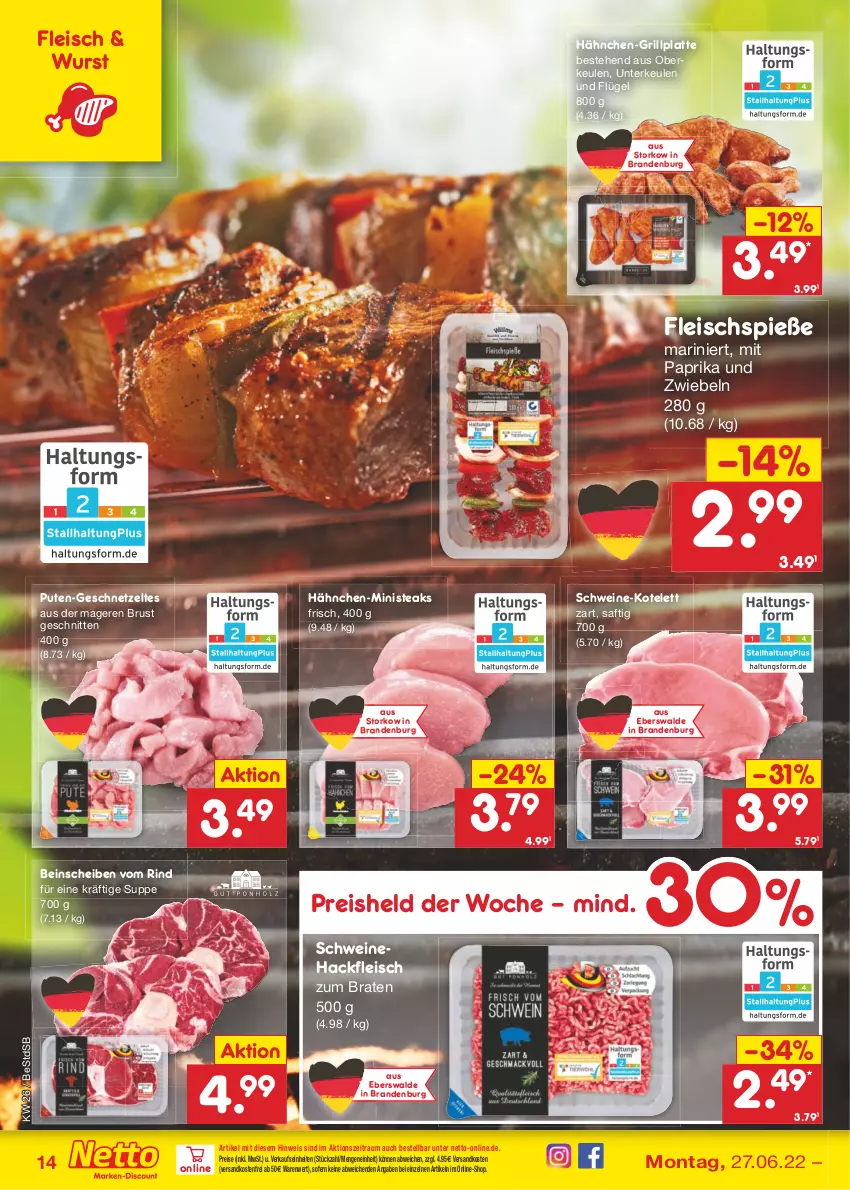 Aktueller Prospekt Netto Marken-Discount - Filial-Angebote - von 27.06 bis 02.07.2022 - strona 14 - produkty: braten, eis, fleisch, Fleischspieße, geschnetzeltes, grill, grillplatte, hackfleisch, kotelett, latte, mit paprika, ndk, paprika, pute, reis, rind, saft, schnitten, schwein, schweine, Schweinehackfleisch, steak, steaks, suppe, Ti, versandkostenfrei, wein, weine, wurst, Zelt, zwiebel, zwiebeln