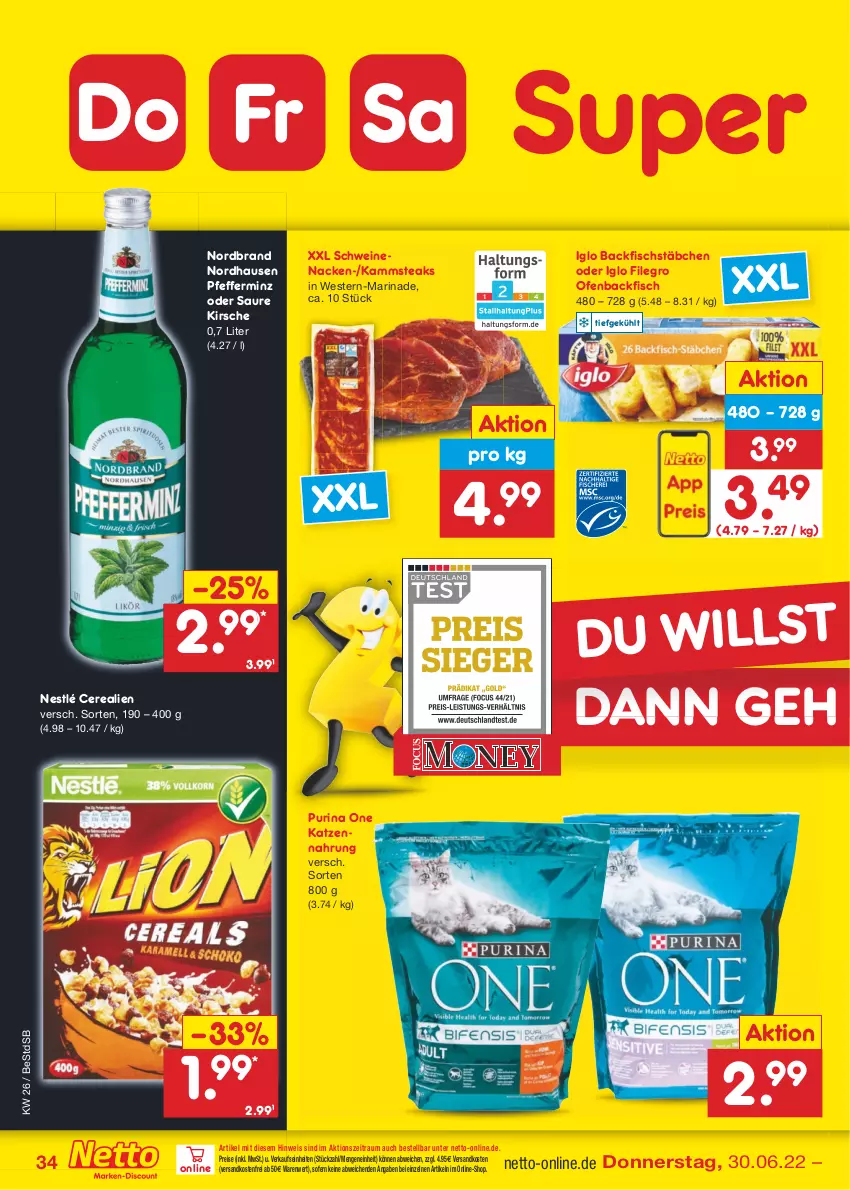 Aktueller Prospekt Netto Marken-Discount - Filial-Angebote - von 27.06 bis 02.07.2022 - strona 34 - produkty: backfisch, cerealien, eis, filegro, fisch, fischstäbchen, iglo, katzennahrung, kirsch, kirsche, marinade, ndk, nestlé, nordbrand, Ofen, pfeffer, purina, reis, schwein, schweine, schweinenacken, steak, steaks, Ti, versandkostenfrei, wein, weine, Weste