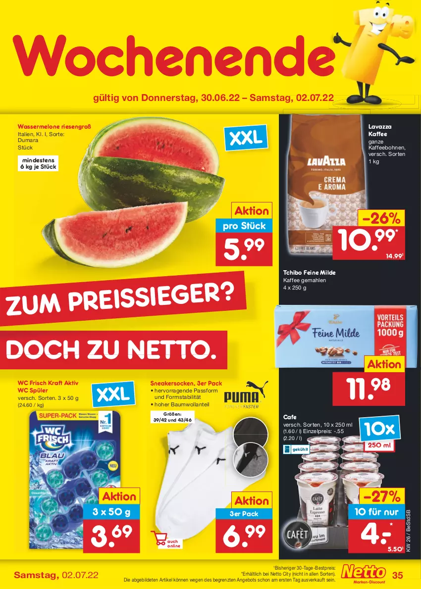 Aktueller Prospekt Netto Marken-Discount - Filial-Angebote - von 27.06 bis 02.07.2022 - strona 35 - produkty: angebot, Bau, bestpreis, bohne, bohnen, eis, kaffee, kaffeebohnen, kraft, lavazza, melone, reis, sneaker, sneakersocken, socken, Tchibo, Ti, wasser, wassermelone, wc frisch, WC Frisch Kraft Aktiv, ZTE