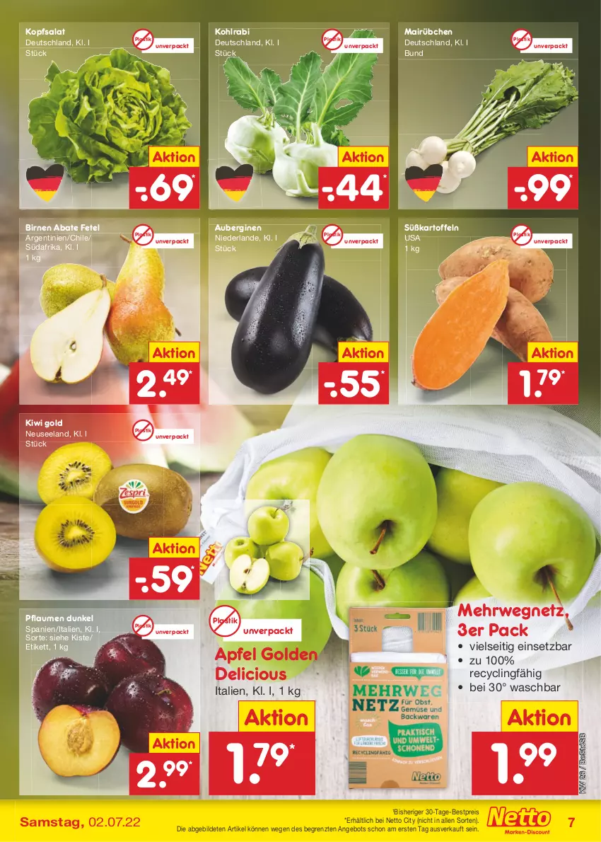 Aktueller Prospekt Netto Marken-Discount - Filial-Angebote - von 27.06 bis 02.07.2022 - strona 7 - produkty: angebot, apfel, asti, aubergine, auberginen, bestpreis, Birnen, Clin, eis, Elan, gin, kartoffel, kartoffeln, kiwi, Kiwi Gold, kohlrabi, kopfsalat, pflaume, pflaumen, reis, rwe, salat, Süßkartoffeln, Ti, ZTE