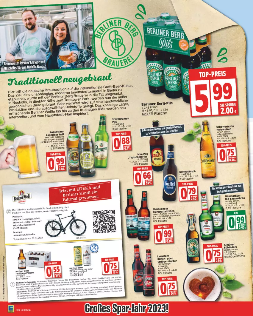 Aktueller Prospekt Edeka - Angebote der Woche - von 17.04 bis 22.04.2023 - strona 14 - produkty: auer, Bau, Berger, berliner, berliner kindl, bier, Biere, bierspezialitäten, bio, bügel, bügelflasche, deka, eis, erde, Fahrrad, flasche, frucht, gewinnspiel, Hefe, hefeweizen, kölln, krone, Lagerbier, lamm, LG, Mode, natur, oder radler, pils, pilsener, radeberger, radler, schöfferhofer, Spezi, Staropramen, störtebeker, Ti, weck