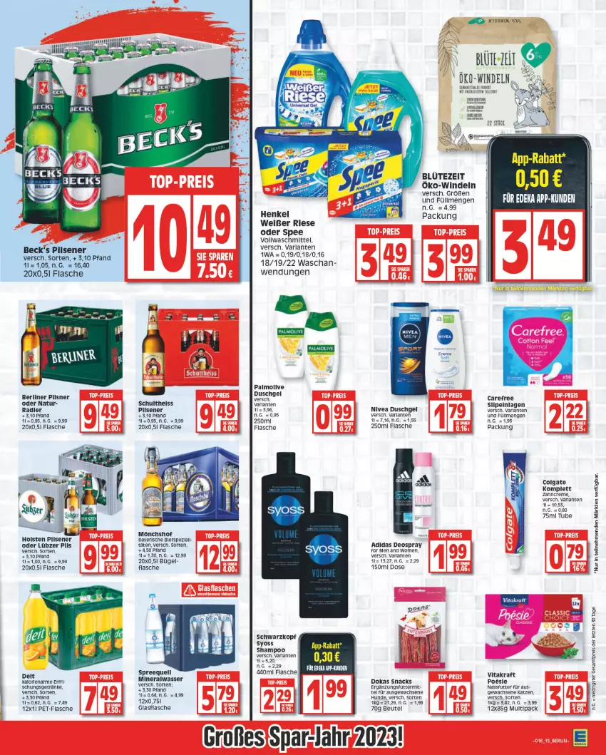 Aktueller Prospekt Edeka - Angebote der Woche - von 17.04 bis 22.04.2023 - strona 15 - produkty: Adidas, Alwa, arla, beck's, berliner, beutel, Blüte, bügel, carefree, colgate, creme, deit, deo, deospray, duschgel, eis, elle, flasche, getränk, getränke, glasflasche, kraft, LG, Lübzer, mineralwasser, mönchshof, nassfutter, natur, nivea, olive, palmolive, pet-flasche, pils, pilsener, radler, reis, Ria, schwarzkop, schwarzkopf, shampoo, snack, snacks, spee, Spezi, Spreequell, syoss, Ti, vita, vitakraft, vollwaschmittel, waschmittel, wasser, wein, weine, windeln, Yo, zahncreme, ZTE