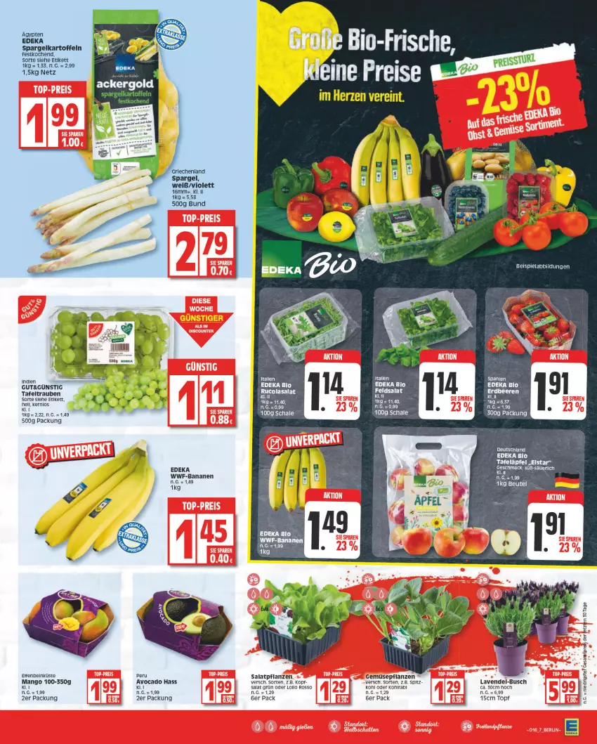 Aktueller Prospekt Edeka - Angebote der Woche - von 17.04 bis 22.04.2023 - strona 7 - produkty: avocado, banane, bananen, beispielabbildung, beutel, bio, deka, edeka bio, eis, kartoffel, kartoffeln, lavendel, mac, mango, pflanze, pflanzen, reis, salat, Schal, Schale, spargel, tafeltrauben, Ti, topf, trauben, ZTE