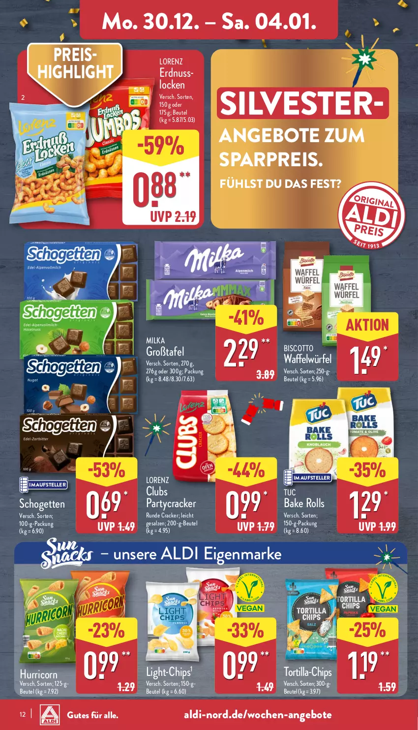 Aktueller Prospekt Aldi Nord - Von Montag - von 30.12.2024 bis 04.01.2025 - strona 12 - produkty: aldi, angebot, angebote, beutel, biscotto, chips, cracker, eis, elle, erdnuss, lorenz, milka, nuss, reis, salz, schogetten, teller, Ti, tortilla, tuc, würfel