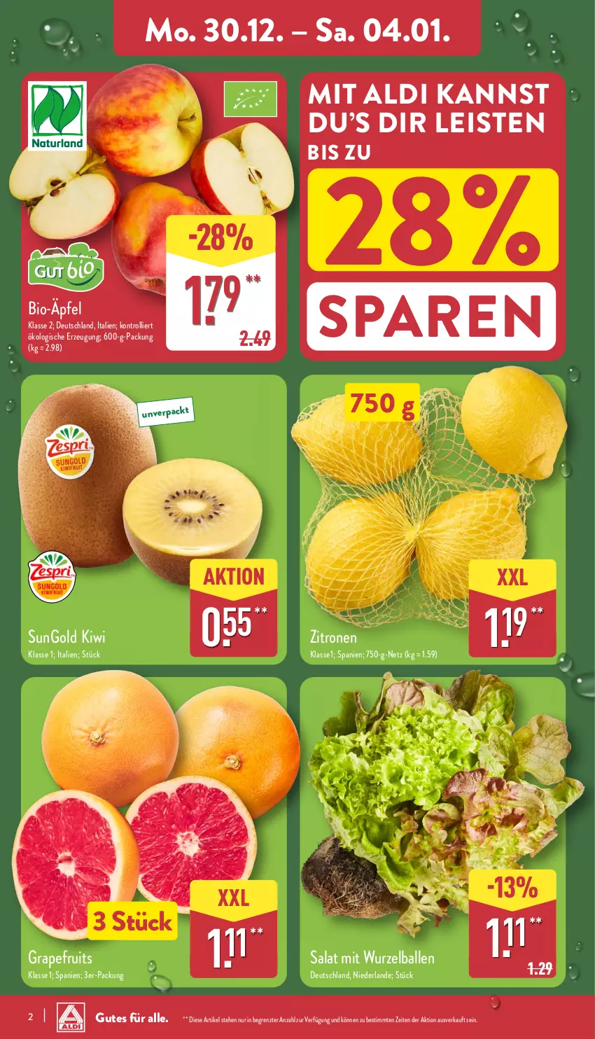 Aktueller Prospekt Aldi Nord - Von Montag - von 30.12.2024 bis 04.01.2025 - strona 2 - produkty: aldi, ball, bio, eis, grapefruit, kiwi, salat, Ti, trolli, zitrone, zitronen, ZTE