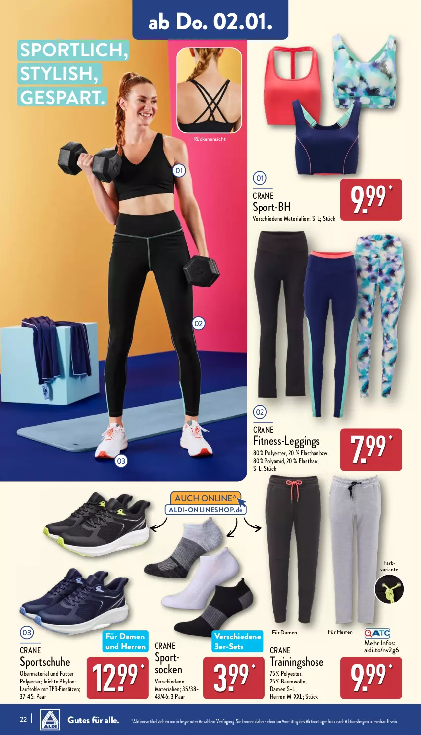 Aktueller Prospekt Aldi Nord - Von Montag - von 30.12.2024 bis 04.01.2025 - strona 22 - produkty: aldi, Bau, baumwolle, gin, hose, Hylo, leggings, Ria, schuhe, socken, Sport, sportschuhe, Ti, Trainingshose, wolle, ZTE