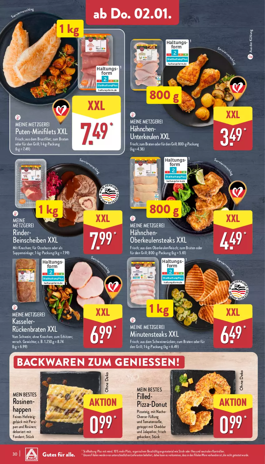 Aktueller Prospekt Aldi Nord - Von Montag - von 30.12.2024 bis 04.01.2025 - strona 30 - produkty: backwaren, braten, brustfilet, cheddar, Donut, eis, erde, filet, filets, fleisch, geback, grill, Hefe, Heu, jalapeño, kasseler, minutensteaks, nacho, pizza, Pizzateig, pute, Ria, rind, rinder, Rückenbraten, schwein, schweine, schweinerücken, Soße, steak, steaks, suppe, suppen, Ti, tomate, tomaten, wein, weine