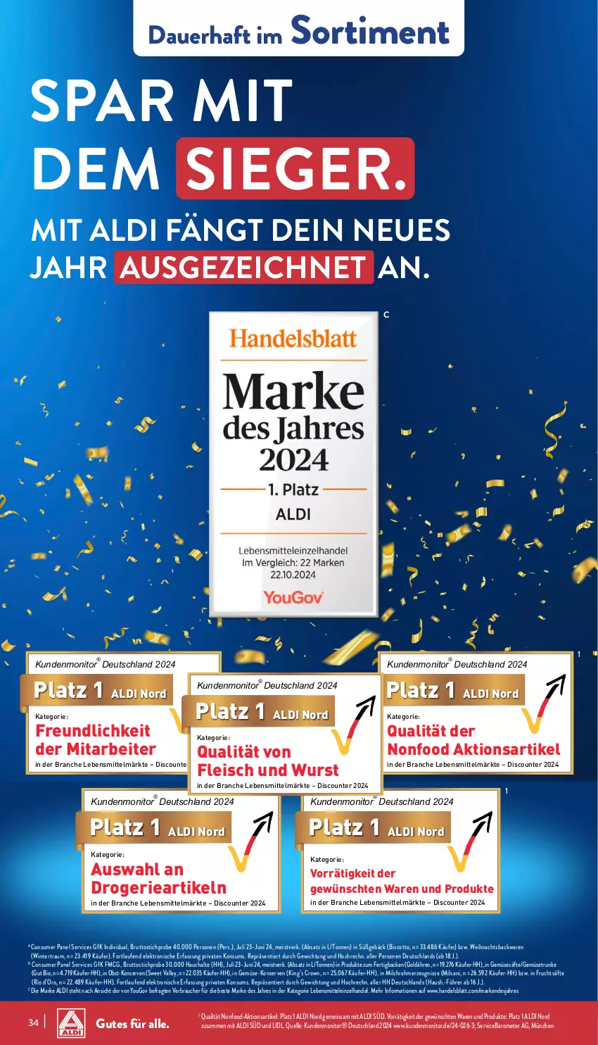 Aktueller Prospekt Aldi Nord - Von Montag - von 30.12.2024 bis 04.01.2025 - strona 34 - produkty: aldi, auer, backwaren, bio, biscotto, brut, discount, eis, Elektro, elle, fleisch, frucht, fruchtsäfte, HP, Konserven, Laufen, lebensmittel, milch, monitor, obst, Rauch, säfte, Ti, wurst, Yo