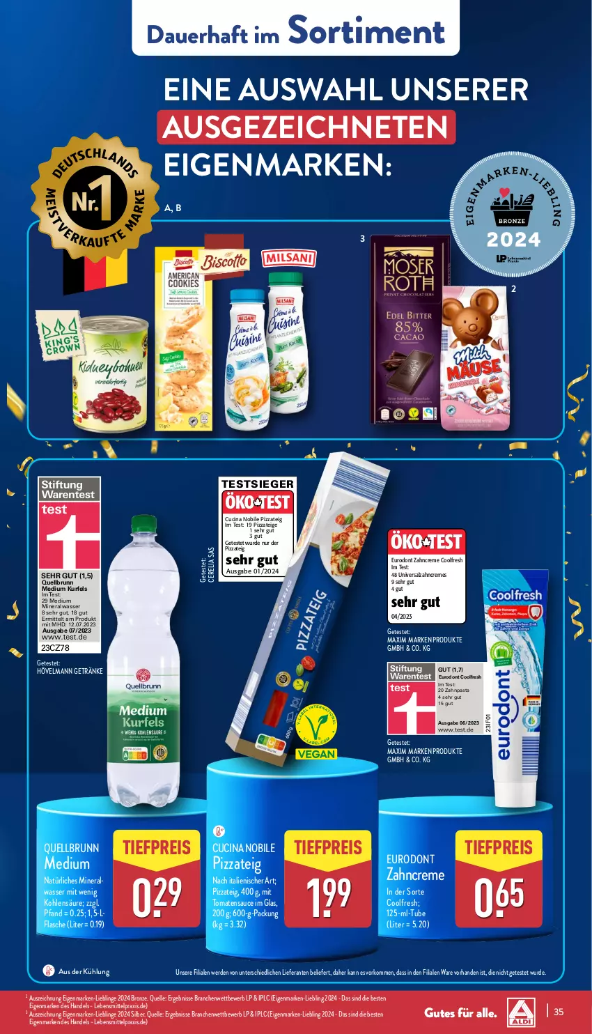 Aktueller Prospekt Aldi Nord - Von Montag - von 30.12.2024 bis 04.01.2025 - strona 35 - produkty: Alwa, auer, cin, creme, eis, elle, erde, flasche, getränk, getränke, lebensmittel, mineralwasser, pasta, pizza, Pizzateig, Quellbrunn, reis, rel, salz, sauce, Ti, tiefpreis, tomate, tomaten, tomatensauce, wasser, zahncreme, zahnpasta