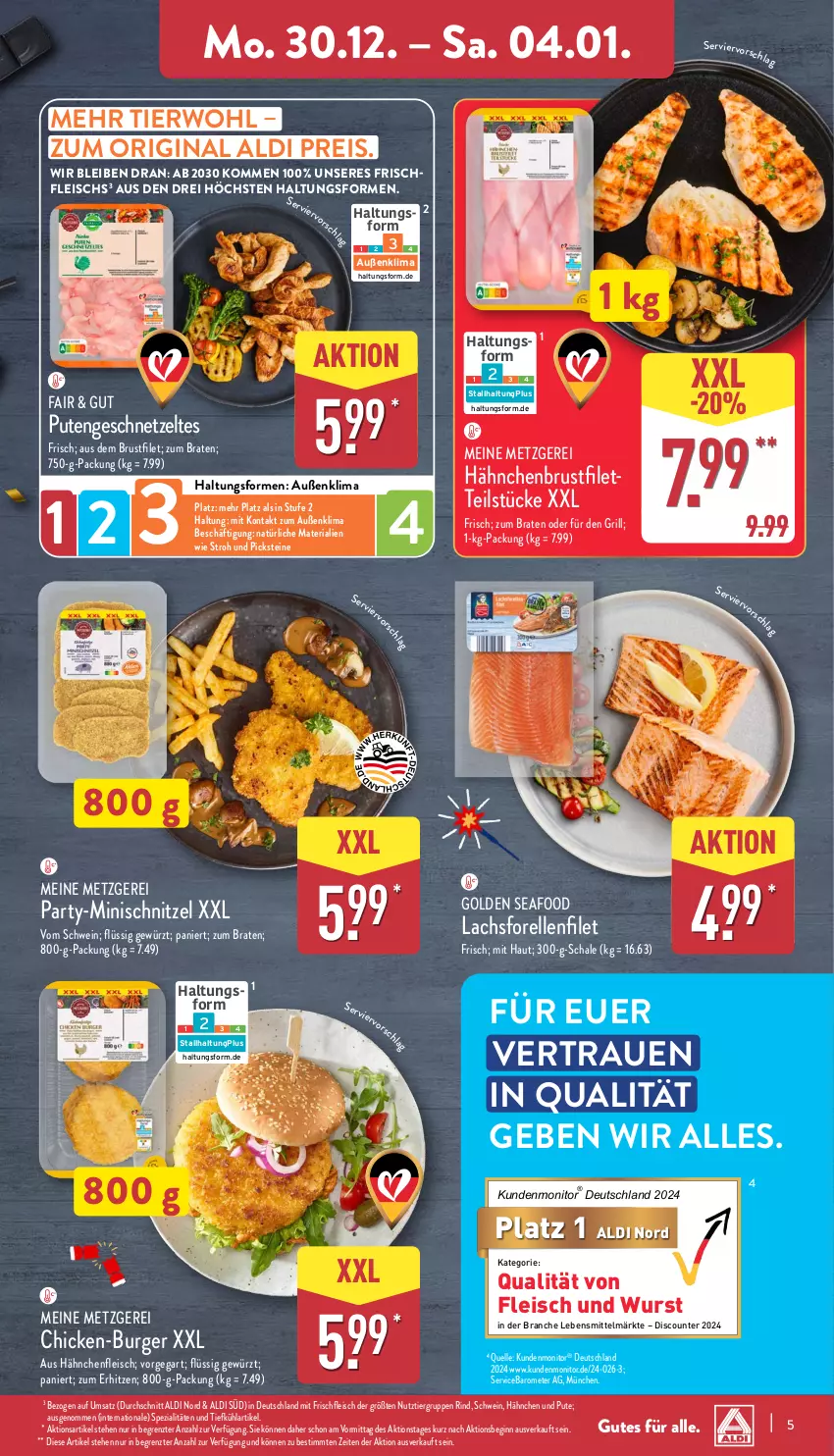 Aktueller Prospekt Aldi Nord - Von Montag - von 30.12.2024 bis 04.01.2025 - strona 5 - produkty: aldi, auer, braten, brustfilet, burger, discount, eis, elle, filet, fleisch, forelle, geschnetzeltes, gewürz, gin, grill, hähnchenbrust, hähnchenbrustfilet, Hähnchenfleisch, lachs, lebensmittel, monitor, pute, Putengeschnetzeltes, reis, rel, Ria, rind, Schal, Schale, schnitzel, schwein, Spezi, Ti, wein, wurst, Zelt, ZTE