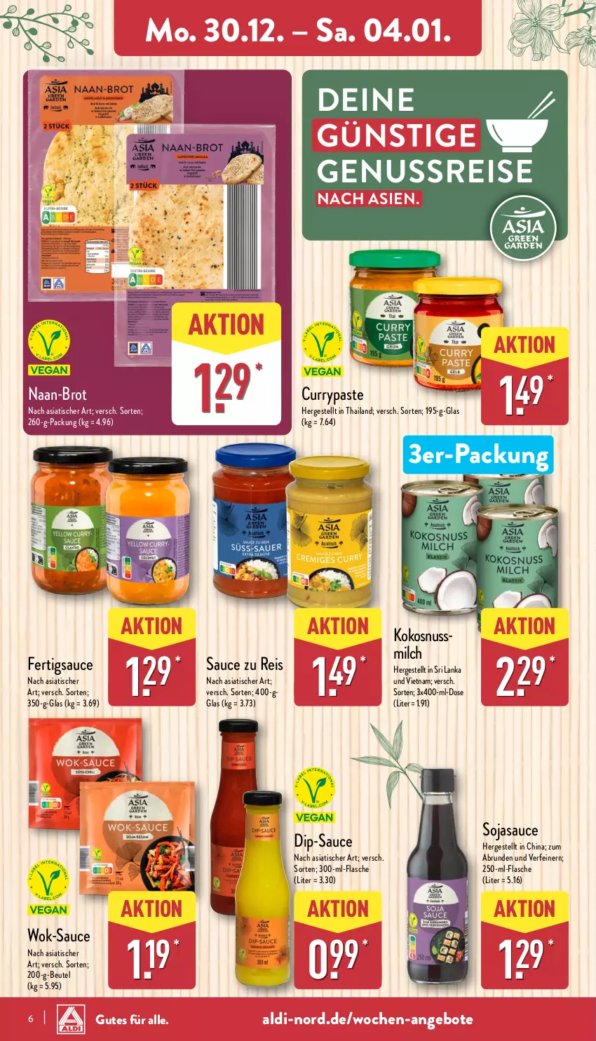 Aktueller Prospekt Aldi Nord - Von Montag - von 30.12.2024 bis 04.01.2025 - strona 6 - produkty: aldi, angebot, angebote, beutel, brot, curry, dip, eis, flasche, kokos, milch, nuss, reis, sauce, soja, sojasauce, Ti, tisch, wok