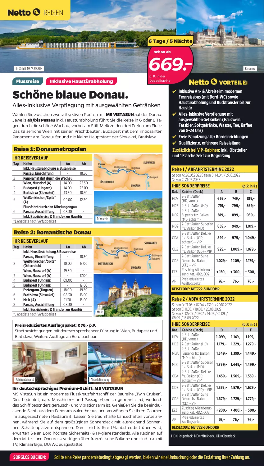 Aktueller Prospekt Netto - Netto-Reisen - von 14.02 bis 27.02.2022 - strona 3 - produkty: arla, aust, Bau, bett, bier, Brei, bsf, buch, eis, elle, erde, flasche, getränk, getränke, kaffee, Kaiser, leine, Liege, Metro, Mode, nuss, obst, perlen, rama, reis, reiseverlauf, SANTE, sekt, ssd, tee, teller, Ti, tisch, uhr, wasser, wein, ZTE