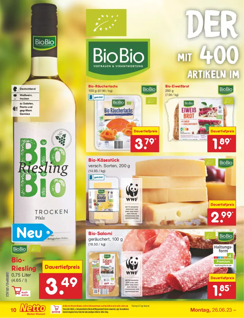 Aktueller Prospekt Netto Marken-Discount - Filial-Angebote - von 26.06 bis 01.07.2023 - strona 10 - produkty: auer, bestpreis, bio, Bio-Käse, Bio-Salami, biobio, brot, dauertiefpreis, discount, eis, Eiweißbrot, grill, Käse, lachs, ndk, pasta, Räucherlachs, reis, riesling, salami, salat, salate, Ti, tiefpreis, wein, Weißwein