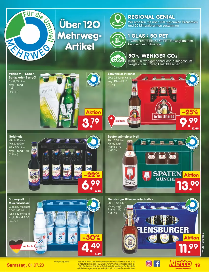 Aktueller Prospekt Netto Marken-Discount - Filial-Angebote - von 26.06 bis 01.07.2023 - strona 19 - produkty: alkohol, Alwa, angebot, asti, auer, bestpreis, brunnen, burger, eis, elle, flasche, flensburger, getränk, lebensmittel, malz, mineralwasser, natur, ndk, pils, pilsener, reis, rel, rwe, Schultheiss, Spaten, Spreequell, Sprizz, Ti, veltins, wasser, ZTE