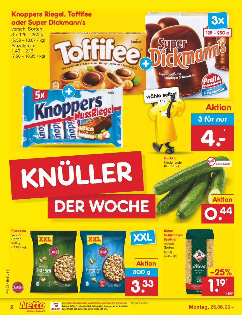 Aktueller Prospekt Netto Marken-Discount - Filial-Angebote - von 26.06 bis 01.07.2023 - strona 2 - produkty: asti, bestpreis, eis, gurke, gurken, knoppers, merl, ndk, pistazien, reis, riegel, riesa, Ti, toffifee