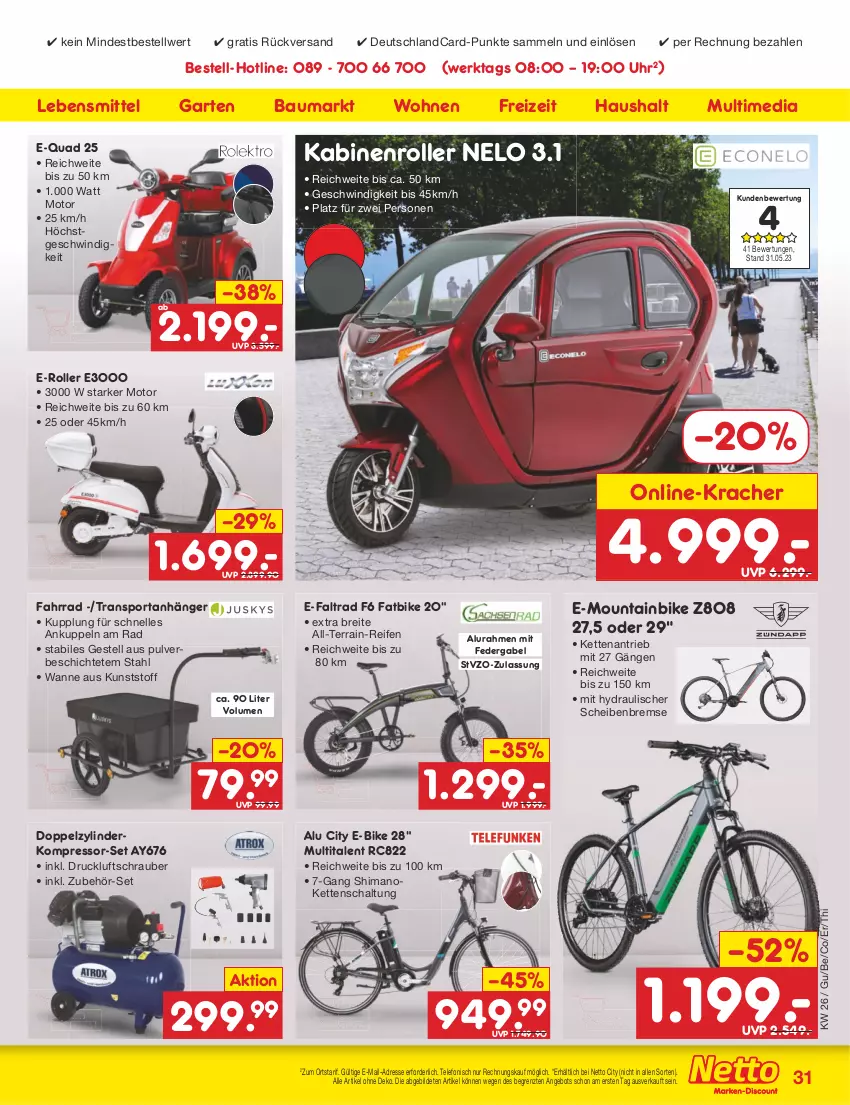 Aktueller Prospekt Netto Marken-Discount - Filial-Angebote - von 26.06 bis 01.07.2023 - strona 31 - produkty: angebot, Anhänger, Bau, Brei, deutschlandcard, E-Bike, E-Roller, elle, Fahrrad, gabel, Garten, Kette, kompressor, kracher, lebensmittel, Mountainbike, quad, reifen, Roller, Schal, shimano, Sport, telefon, Ti, uhr, Wanne, ZTE