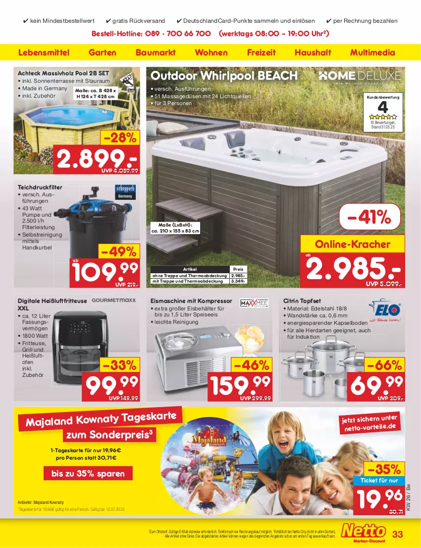 Aktueller Prospekt Netto Marken-Discount - Filial-Angebote - von 26.06 bis 01.07.2023 - strona 33 - produkty: angebot, Bau, Behälter, deutschlandcard, edelstahl, eis, eismaschine, elle, ente, fritteuse, Garten, Germ, grill, Heißluftfritteuse, herdarten, Holz, kompressor, kracher, lebensmittel, massivholz, ndk, Ofen, pool, Reinigung, reis, Ria, telefon, Ti, topf, Topfset, uhr, Whirlpool, ZTE