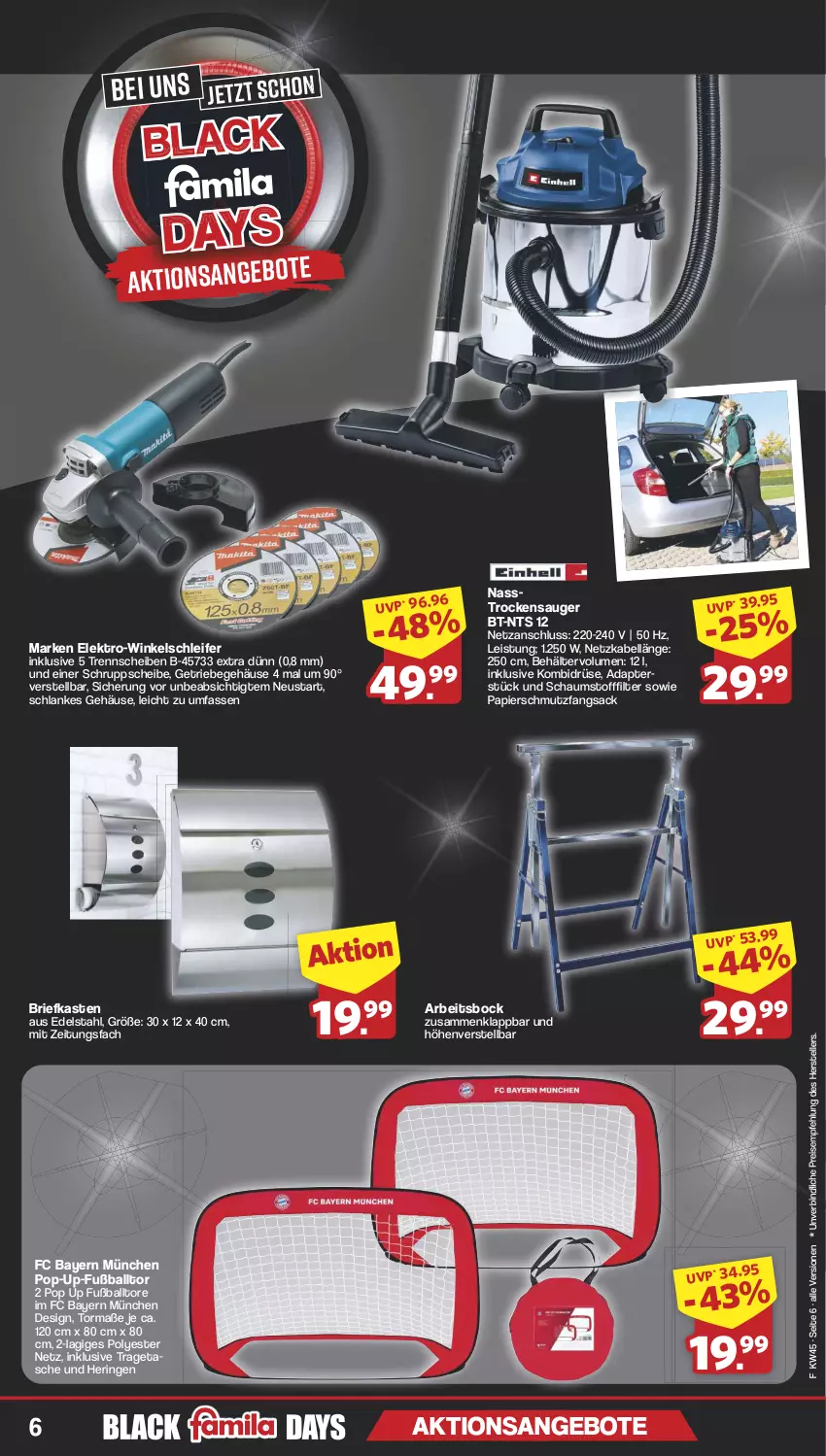 Aktueller Prospekt Famila - Prospekte - von 04.11 bis 09.11.2024 - strona 6 - produkty: adapter, angebot, angebote, ball, Behälter, brie, edelstahl, eis, Elektro, elle, Fußball, Fußballtore, hering, lack, papier, reis, ring, sac, Tasche, teller, Ti, tragetasche, Trockensauger, Winkelschleifer