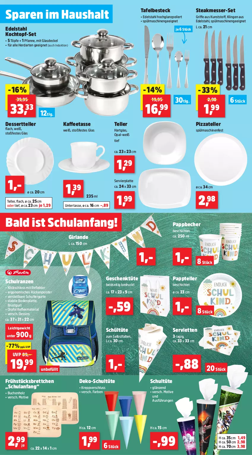 Aktueller Prospekt Thomas Philipps - von 10.06 bis 15.06.2024 - strona 12 - produkty: Becher, besteck, Bodenplatte, Brettchen, buch, decke, Deckel, dessert, Dessertteller, edelstahl, elle, Girlande, Glasdeckel, herdarten, hochglanz, Holz, kaffee, Kochtopf, latte, LG, messer, Pappbecher, pfanne, pizza, Ria, Schulranzen, schultergurt, Serviette, servietten, spülmaschinen, steak, tasse, teller, Ti, topf, topf-set, Tüte