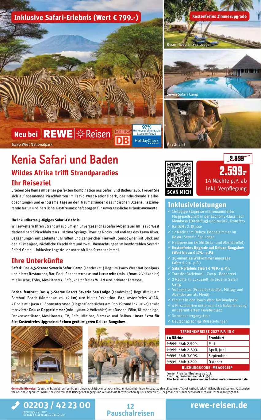Aktueller Prospekt Rewe Reisen - Reiseprospekt - von 25.09 bis 30.10.2026 - strona 12 - produkty: Bad, buch, decke, deutschsprachige reiseleitung, dusche, eis, Elefant, Elektro, elle, ente, fenster, inklusivleistungen, Liege, moskitonetz, natur, pool, pril, reis, rel, rezept, ring, rwe, Schal, severin, Ti, tücher, uhr, ventilator, Wild, Zelt