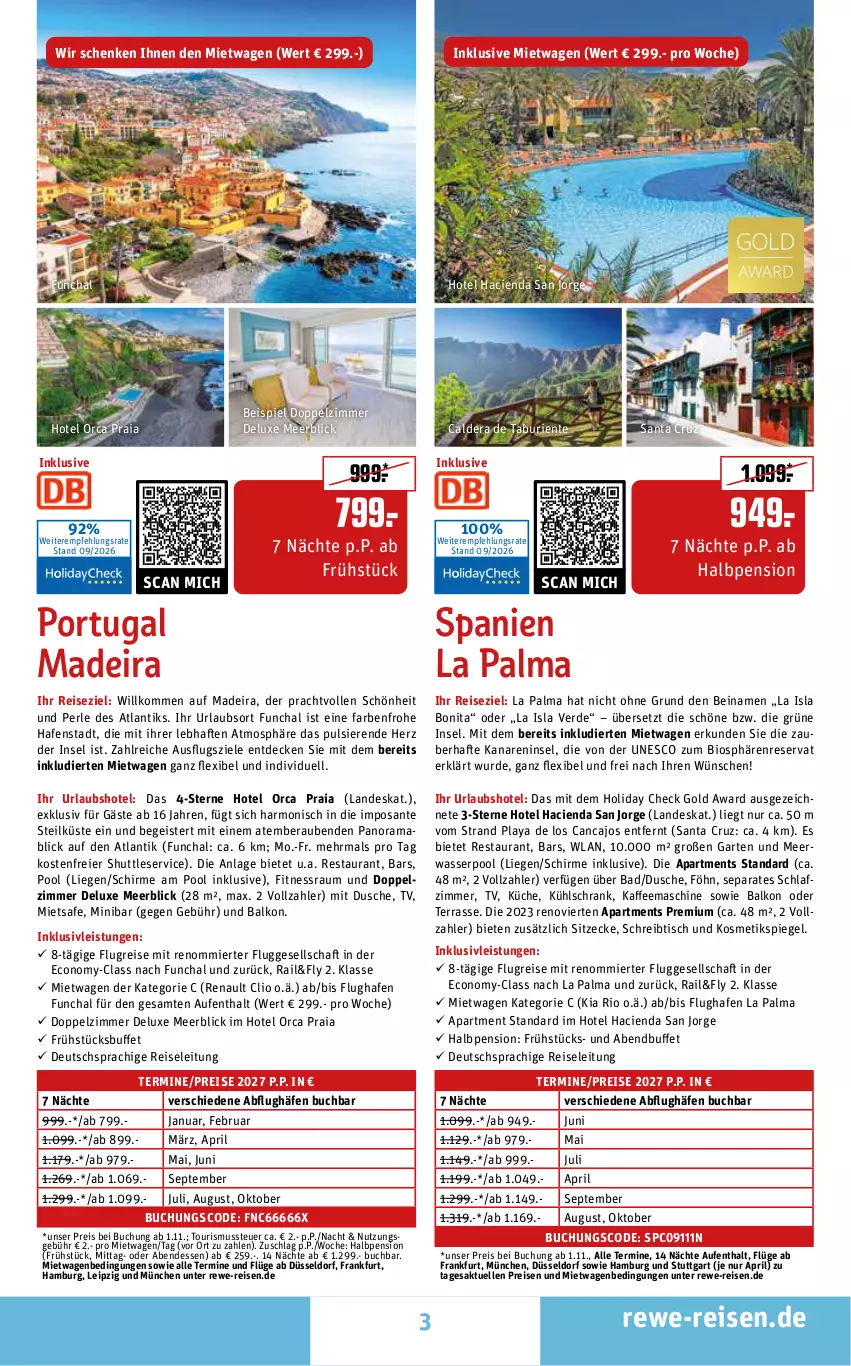 Aktueller Prospekt Rewe Reisen - Reiseprospekt - von 25.09 bis 30.10.2026 - strona 3 - produkty: Bad, bio, bonita, buch, Cien, decke, deutschsprachige reiseleitung, dusche, eier, eis, elle, ente, erde, Garten, inklusivleistungen, kaffee, kaffeemaschine, kosmetik, Kosmetikspiegel, küche, kühlschrank, Liege, mab, Meerwasser, pool, pril, rama, reis, SANTE, schirme, schlafzimmer, Schrank, schreibtisch, spiegel, Ti, tisch, wasser