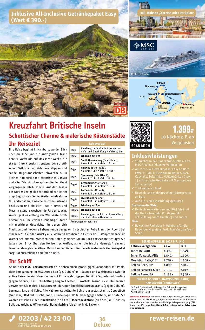 Aktueller Prospekt Rewe Reisen - Reiseprospekt - von 25.09 bis 30.10.2026 - strona 36 - produkty: alkohol, alkoholische getränke, angebot, angebote, asti, auer, Bad, balkonkabine, bett, bier, Brei, brita, buch, cocktail, cocktails, drink, drinks, dusche, eis, Elektro, elle, ente, fanta, fenster, getränk, getränke, gin, inklusivleistungen, leine, meerblickkabine, Mode, pool, reis, reiseverlauf, rel, schott, Spezi, Thea, Ti, timer, tisch, uhr, wasser, weck, wein, weine, Whirlpool, whisky