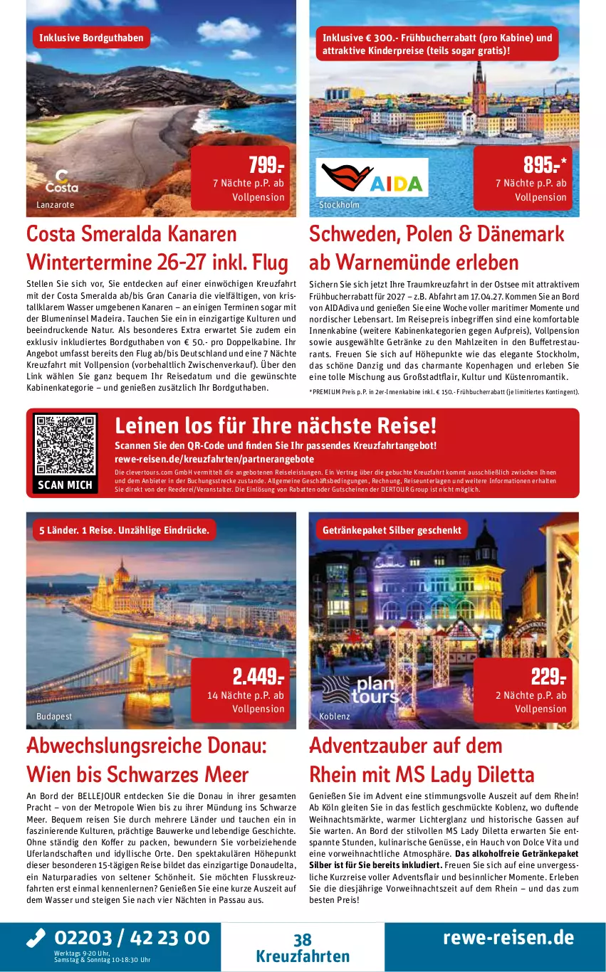 Aktueller Prospekt Rewe Reisen - Reiseprospekt - von 25.09 bis 30.10.2026 - strona 38 - produkty: alkohol, alkoholfreie getränke, angebot, angebote, Bau, blume, blumen, buch, decke, eis, elle, ente, getränk, getränke, gutschein, gutscheine, harman, Kinder, koffer, kreuzfahrten, leine, LG, Metro, natur, reis, Ria, rwe, Ti, timer, uhr, vita, wasser