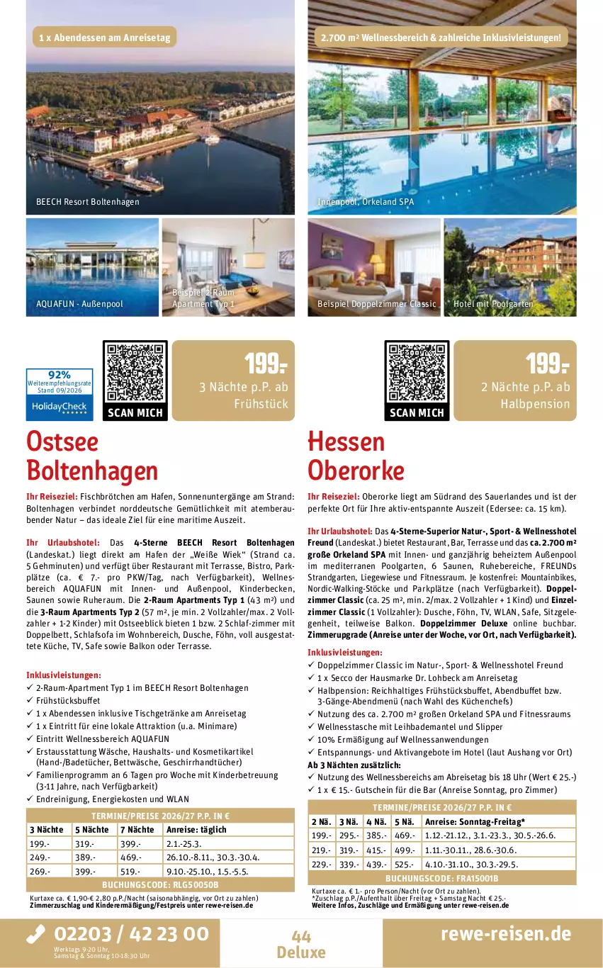 Aktueller Prospekt Rewe Reisen - Reiseprospekt - von 25.09 bis 30.10.2026 - strona 44 - produkty: angebot, angebote, aqua, auer, axe, Bad, Bademantel, bett, bettwäsche, Brei, brötchen, buch, dusche, ecco, eis, Elan, fisch, Garten, geschirr, getränk, getränke, gutschein, handtücher, hausmarke, inklusivleistungen, innenpool, Kinder, kosmetik, küche, Küchen, kurtaxe, LG, Liege, Mantel, Mountainbike, natur, pool, Reinigung, reis, schlafsofa, slip, Slipper, Sofa, Sport, Tasche, Ti, tisch, tücher, uhr, wellnessbereich, ZTE
