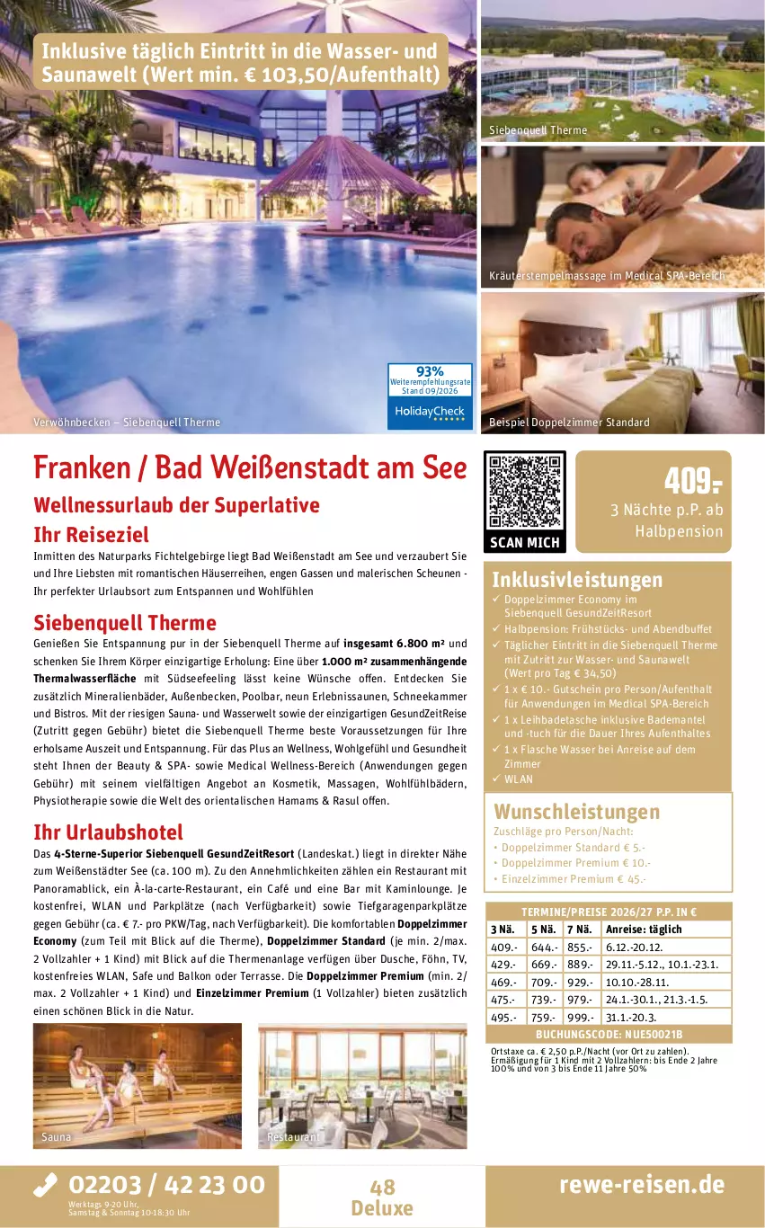 Aktueller Prospekt Rewe Reisen - Reiseprospekt - von 25.09 bis 30.10.2026 - strona 48 - produkty: Alwa, angebot, auer, axe, Bad, Bademantel, buch, decke, dusche, eis, flasche, Gesundheit, gutschein, hama, Heu, inklusivleistungen, Kamin, kosmetik, kräuter, LG, mab, mam, Mantel, natur, perla, pool, rama, reis, rwe, Tasche, Ti, tisch, tuc, uhr, wasser