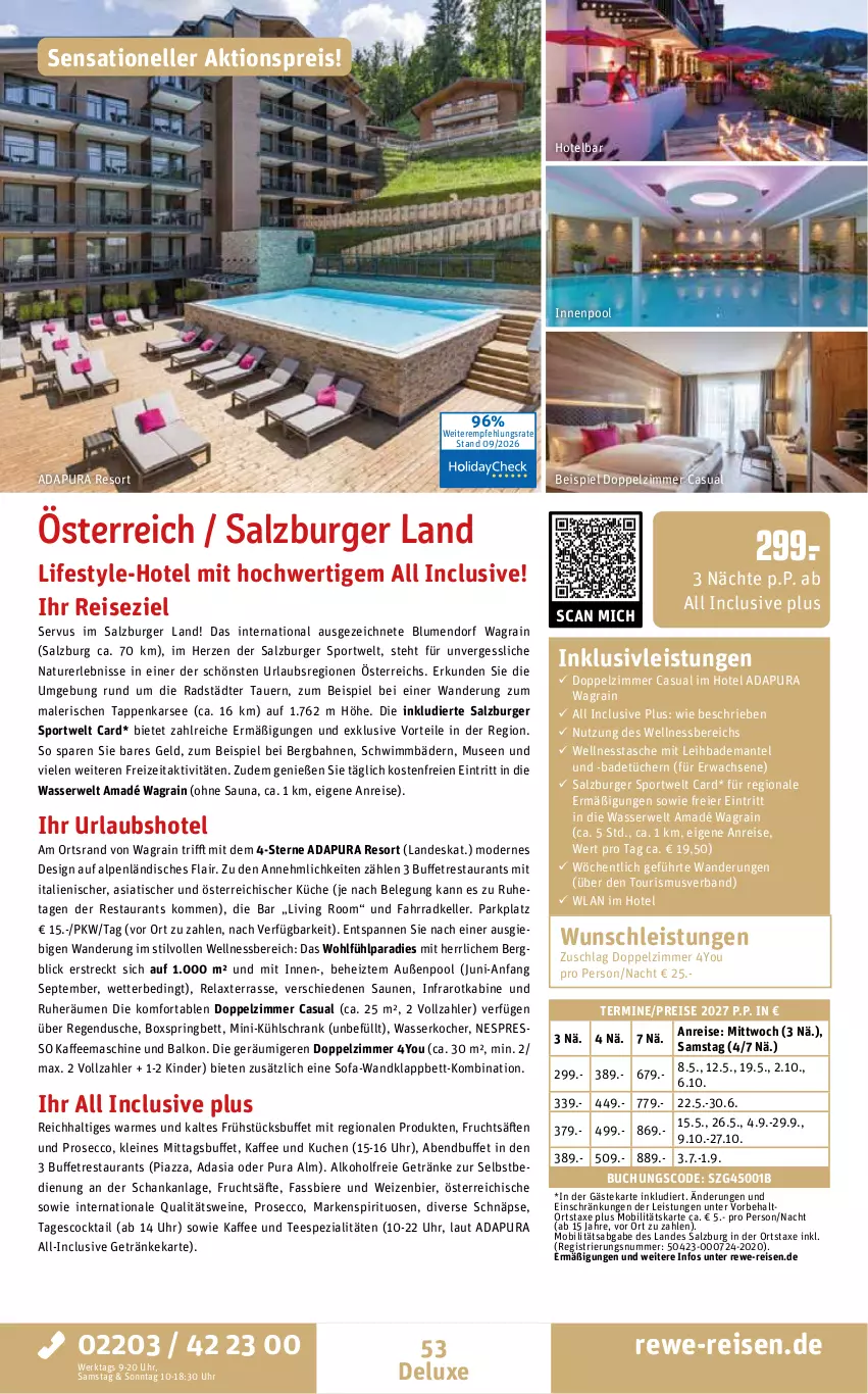 Aktueller Prospekt Rewe Reisen - Reiseprospekt - von 25.09 bis 30.10.2026 - strona 53 - produkty: aktionspreis, alkohol, alkoholfreie getränke, auer, axe, Bad, Bademantel, bett, bier, Biere, blume, blumen, boxspringbett, buch, burger, cocktail, dusche, ecco, eier, eis, elle, espresso, Fahrrad, frucht, fruchtsäfte, getränk, getränke, inklusivleistungen, innenpool, kaffee, kaffeemaschine, Kinder, Kocher, küche, kuchen, kühlschrank, leine, Mantel, Mode, natur, ndk, nespresso, pool, prosecco, qualitätswein, qualitätsweine, reis, rel, ring, rwe, säfte, salz, Schrank, Sofa, Spezi, spirituosen, Sport, Tasche, tee, Ti, tisch, tücher, uhr, wasser, wasserkocher, wein, weine, wellnessbereich, Yo, ZTE