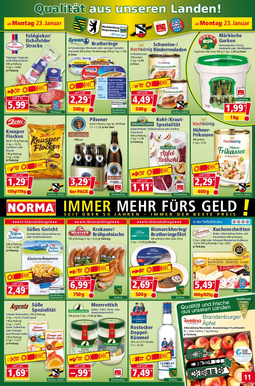 Aktueller Prospekt Norma - Norma - von 23.01 bis 30.01.2023 - strona 11 - produkty: apfel, auer, Becher, beere, bismarck, Brandenburger äpfel, braten, Bratheringe, burger, cassis, eier, eimer, eis, erdbeere, filet, fisch, fische, flasche, frucht, gelee, Germ, gewürz, Gewürzgurke, gewürzgurken, gin, gurke, gurken, hering, Herings, HP, hühner, Kaiser, knoblauch, Knödel, kokos, krakauer, Kraut, kuchen, Kuchenschnitte, kühlregal, LG, mandarine, marinade, meerrettich, nerf, Nordsee, orange, orangen, Pfannkuchen, pils, pilsener, regal, reis, Rettich, rind, rinder, Rinderroulade, rinderrouladen, ring, Rostocker, rotkohl, rouladen, rwe, sahne, salz, sauce, Sauerkraut, schmand, schnitten, schwein, schweine, Speck, Spezi, Stier, Ti, tiefpreis, Tiere, tisch, tomate, tomaten, Waage, wein, weine, zitrone, zitronen