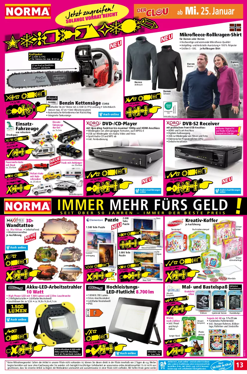 Aktueller Prospekt Norma - Norma - von 23.01 bis 30.01.2023 - strona 13 - produkty: akku, Anhänger, auer, auto, Bank, Bebe, buch, dell, deo, dvb, dvb-s2, dvd, eis, Elektro, elle, erde, fernbedienung, gin, HDMI, Kette, koffer, kraft, messer, Mett, Mode, Mp3, ndk, pailletten, Pinsel, powerbank, Puzzle, Radio, Receiver, reis, rwe, säge, Schmetterling, shirt, Spiele, stifte, Ti, Tipi, tisch, usb, Yo