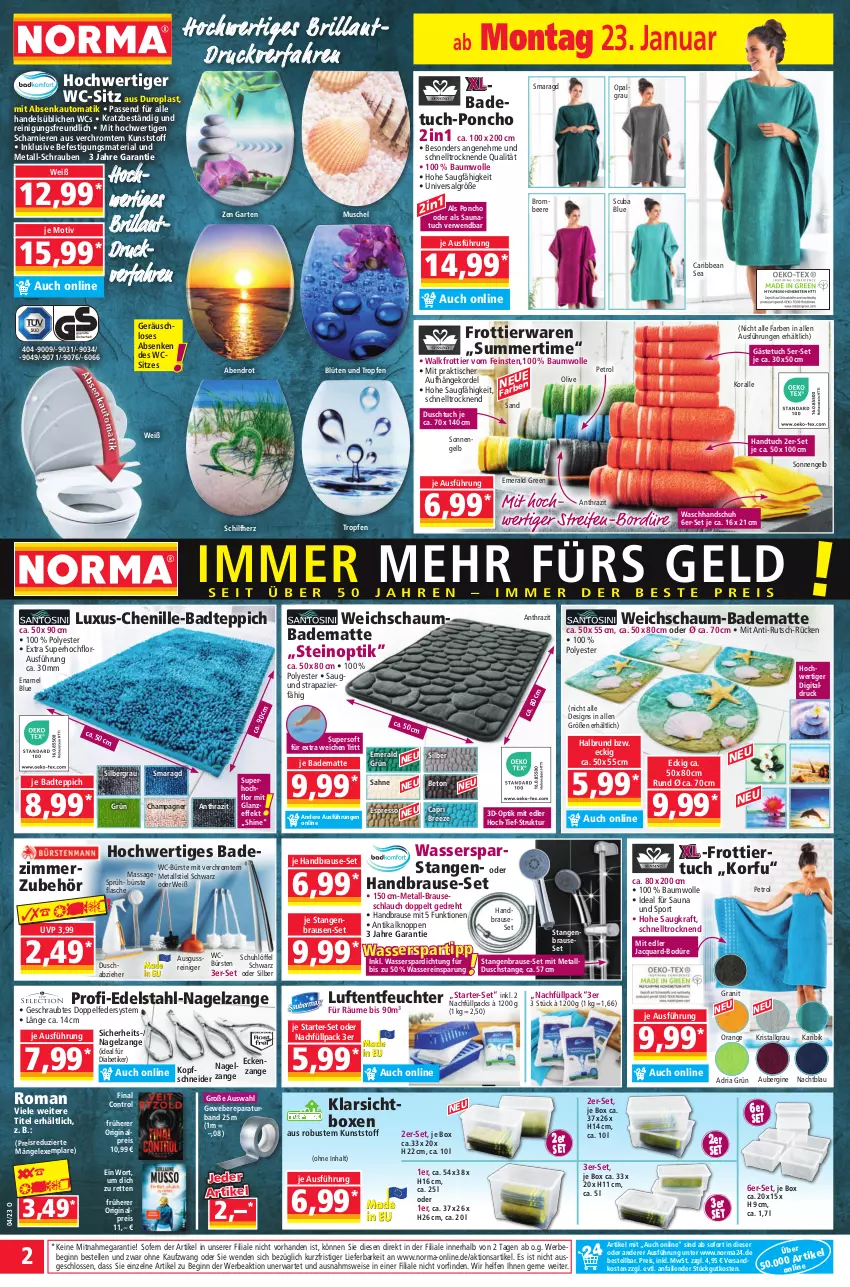 Aktueller Prospekt Norma - Norma - von 23.01 bis 30.01.2023 - strona 2 - produkty: aubergine, auto, Bad, badematte, badetuch, badteppich, Bau, baumwolle, Bebe, beere, Blüte, brause, brauseschlauch, bree, brombeere, bürste, bürsten, Cap, champagne, champagner, duschtuch, edelstahl, eis, elle, Engel, espresso, flasche, Garten, gästetuch, gin, handbrause, handtuch, Klarsichtbox, kraft, LG, Löffel, Luftentfeuchter, Nagelzange, ndk, olive, orange, passend für alle, reifen, reiniger, Reinigung, reis, Ria, rwe, sahne, schaumbad, schlauch, schrauben, spartipp, Sport, teppich, Ti, tisch, tuc, waschhandschuh, wasser, WC-Bürste, wc-sitz, weber, wolle