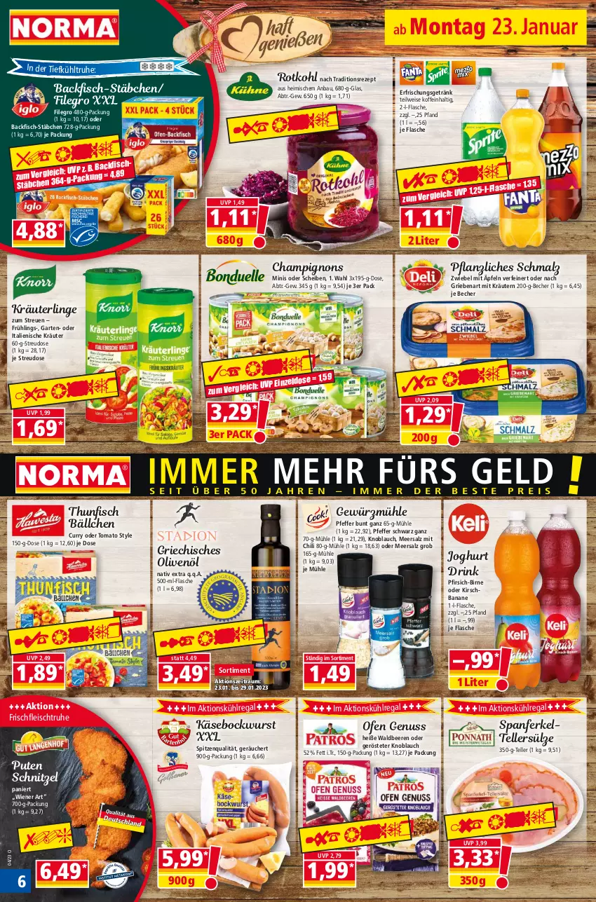 Aktueller Prospekt Norma - Norma - von 23.01 bis 30.01.2023 - strona 6 - produkty: backfisch, banane, Bau, Becher, beere, beeren, bockwurst, champignon, champignons, chili, curry, drink, eis, elle, erfrischungsgetränk, filegro, fisch, flasche, fleisch, Garten, getränk, gewürz, Gewürzmühle, joghur, joghurt, Käse, kirsch, knoblauch, kräuter, kräutern, kühlregal, malz, meersalz, nuss, Ofen, olive, oliven, olivenöl, pfeffer, pfirsich, pute, regal, rezept, rotkohl, salz, Schmalz, schnitzel, spitzenqualität, teller, thunfisch, Ti, wiener, wurst, zwiebel