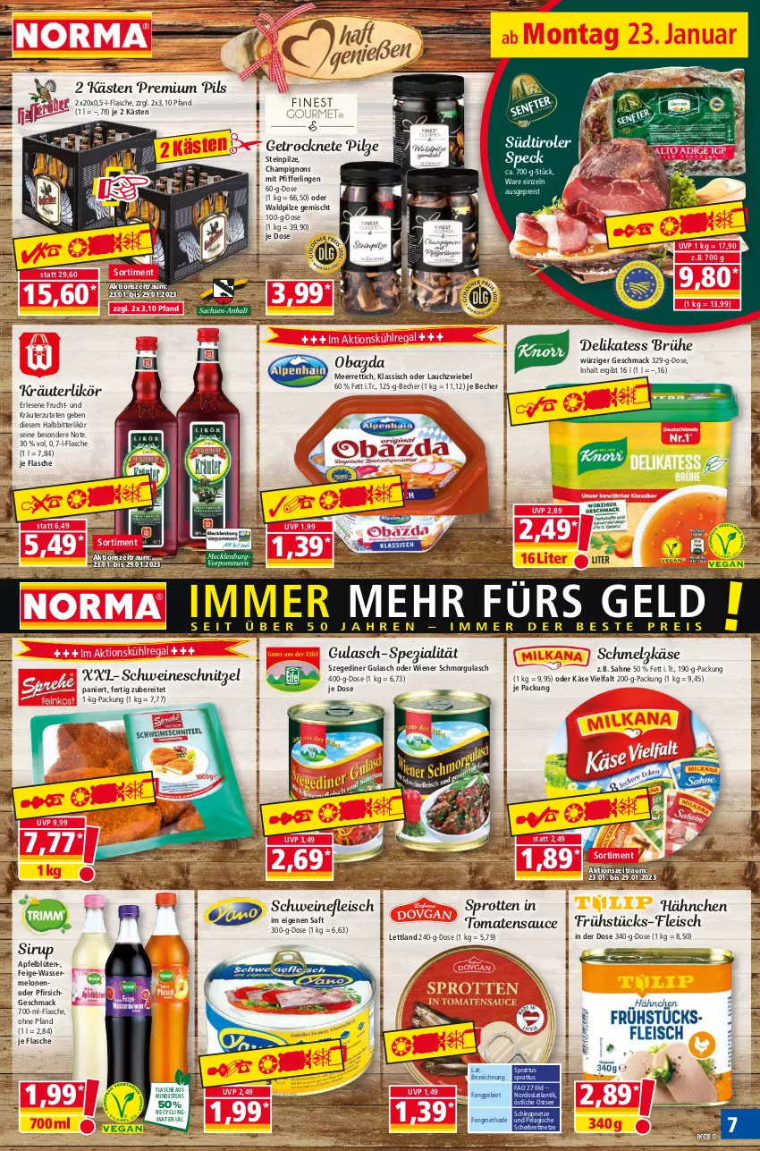 Aktueller Prospekt Norma - Norma - von 23.01 bis 30.01.2023 - strona 7 - produkty: apfel, Becher, Blüte, Brühe, champignon, champignons, Clin, eis, flasche, fleisch, frucht, gulasch, Käse, käse vielfalt, kräuter, kräuterlikör, kühlregal, Lauchzwiebel, likör, mac, meerrettich, melone, melonen, obazda, Pfifferlinge, pfirsich, pils, pilze, premium pils, recyclingmaterial, regal, reis, Rettich, Ria, saft, sahne, sauce, Schmelzkäse, schnitzel, schwein, schweine, schweinefleisch, schweineschnitzel, sirup, Speck, Spezi, Sprotten, Steinpilze, südtiroler, Ti, tomate, tomaten, tomatensauce, wasser, wassermelone, wassermelonen, wein, weine, wiener, zwiebel