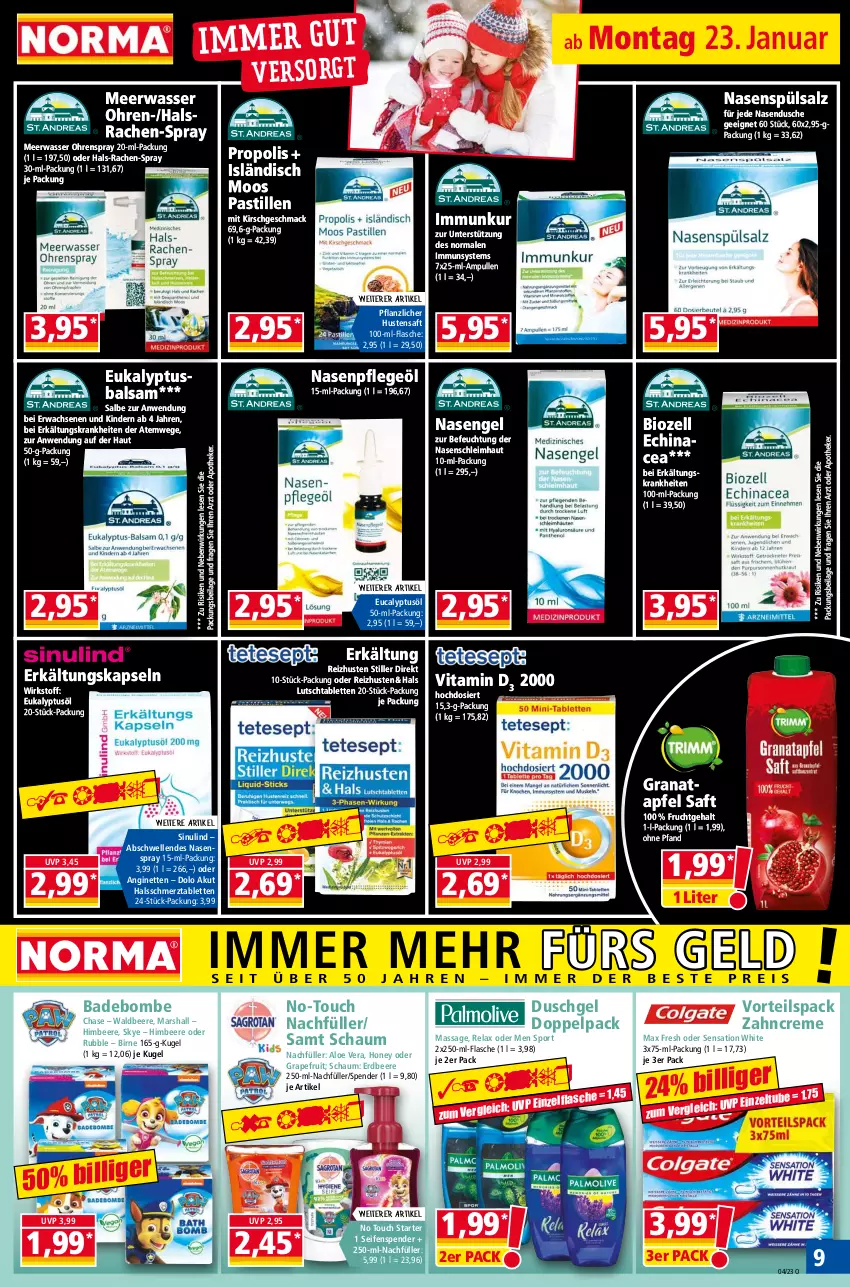 Aktueller Prospekt Norma - Norma - von 23.01 bis 30.01.2023 - strona 9 - produkty: aloe vera, apfel, Apotheke, asti, Bad, balsam, beere, bio, creme, dusche, duschgel, Echinacea, elle, Engel, erdbeere, Erkältungs, flasche, frucht, gin, grana, granatapfel, grapefruit, himbeer, himbeere, ilag, Kinder, kirsch, Kugel, mac, mars, Max Fresh, Meerwasser, Nasendusche, Nasenspray, Pflegeöl, Propolis, Rana, rel, saft, salz, Seife, seifenspender, Sport, tablet, tablett, Tablette, Ti, usb, vita, Vitamin D, wasser, zahncreme, Zelt