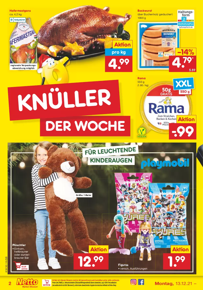 Aktueller Prospekt Netto Marken-Discount - Filial Angebote - von 13.12 bis 18.12.2021 - strona 2 - produkty: bockwurst, braun, buch, eis, hafer, Holz, Kinder, Leuchte, leuchten, ndk, Plüsch, rama, reis, Ti, versandkostenfrei, wurst