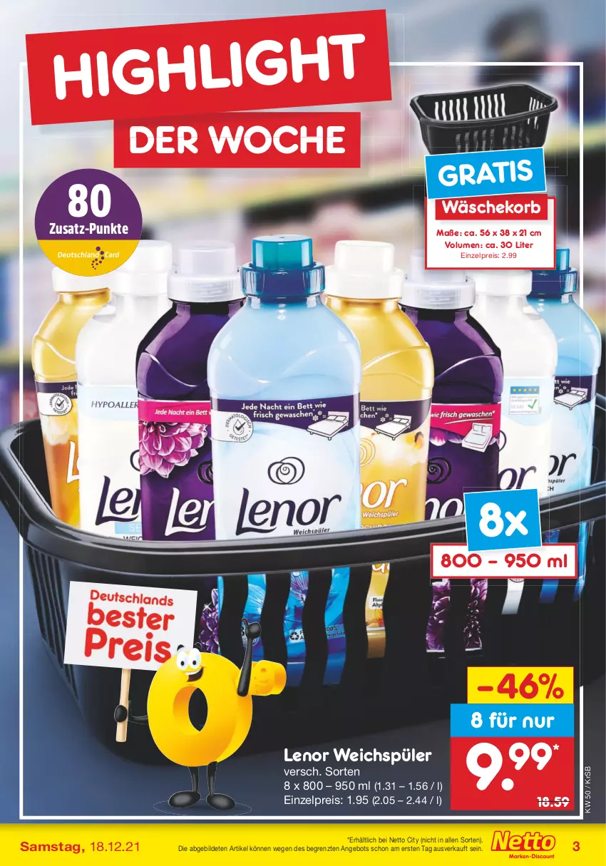 Aktueller Prospekt Netto Marken-Discount - Filial Angebote - von 13.12 bis 18.12.2021 - strona 3 - produkty: angebot, eis, korb, lenor, lenor weichspüler, reis, Ti, wäschekorb, weichspüler, ZTE