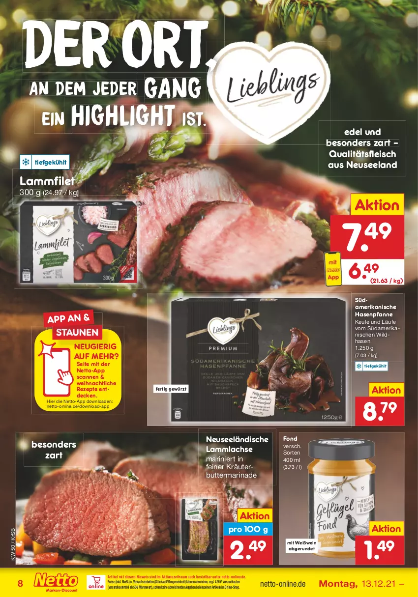 Aktueller Prospekt Netto Marken-Discount - Filial Angebote - von 13.12 bis 18.12.2021 - strona 8 - produkty: butter, decke, eis, Elan, filet, fleisch, gewürz, kräuter, kräuterbutter, lachs, lamm, lammlachse, marinade, ndk, pfanne, reis, rezept, rezepte, Ti, versandkostenfrei, wein, Weißwein, Wild