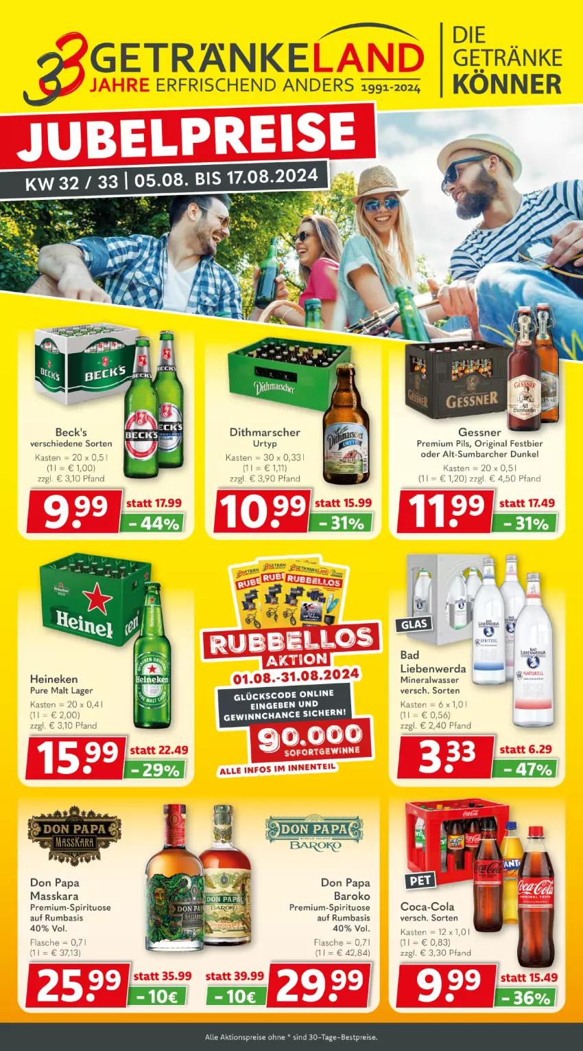 Aktueller Prospekt Getraenkeland - von 05.08 bis 17.08.2024 - strona 1 - produkty: aktionspreis, Alwa, Bad, bestpreis, bestpreise, bier, coca-cola, cola, eis, flasche, Gessner, getränk, getränke, gin, heineken, mars, mineralwasser, pils, premium pils, reis, rum, Ti, urtyp, wasser