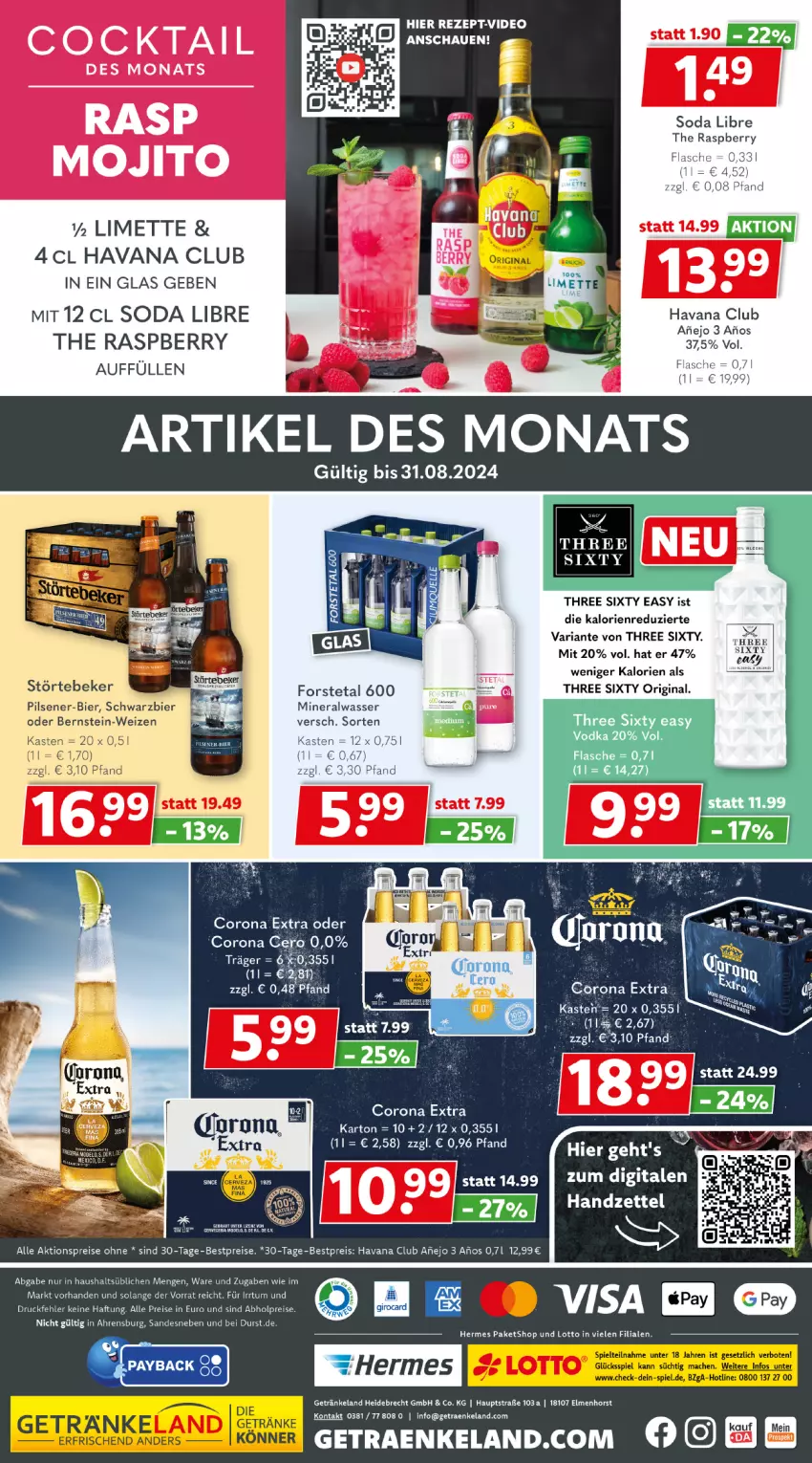 Aktueller Prospekt Getraenkeland - von 05.08 bis 17.08.2024 - strona 10 - produkty: abholpreise, aktionspreis, Alwa, bestpreis, bestpreise, bier, cocktail, corona, deo, eis, Elan, elle, flasche, Forstetal, getränk, getränke, gin, Havana Club, limette, Mett, mineralwasser, mojito, pils, pilsener, raspberry, reis, rezept, Ria, Soda, störtebeker, Three Sixty, Ti, wasser