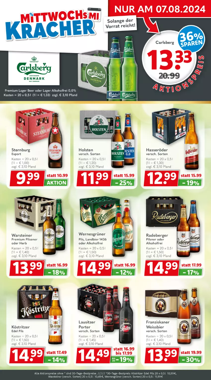 Aktueller Prospekt Getraenkeland - von 05.08 bis 17.08.2024 - strona 2 - produkty: aktionspreis, alkohol, Berger, bestpreis, bestpreise, bier, carlsberg, eis, franziskaner, hasseröder, holsten, köstritzer, pils, pilsener, pilsner, premium pils, radeberger, radeberger pilsner, reis, steiner, Sternburg, Ti, warsteiner, weissbier