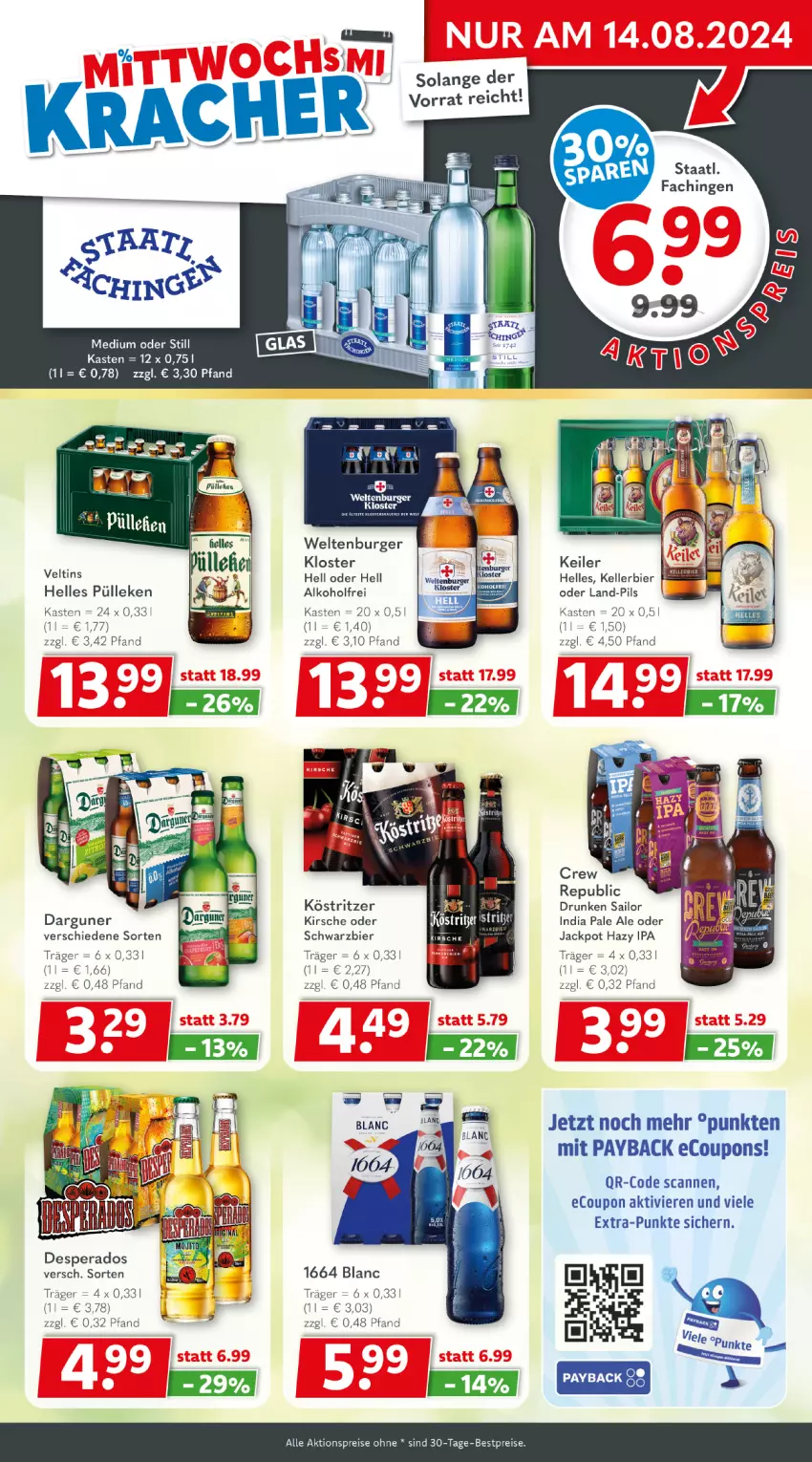 Aktueller Prospekt Getraenkeland - von 05.08 bis 17.08.2024 - strona 3 - produkty: aktionspreis, alkohol, bestpreis, bestpreise, bier, burger, coupon, coupons, desperados, eis, elle, kellerbier, kirsch, kirsche, köstritzer, payback, pils, reis, Staatl. Fachingen, Ti, veltins