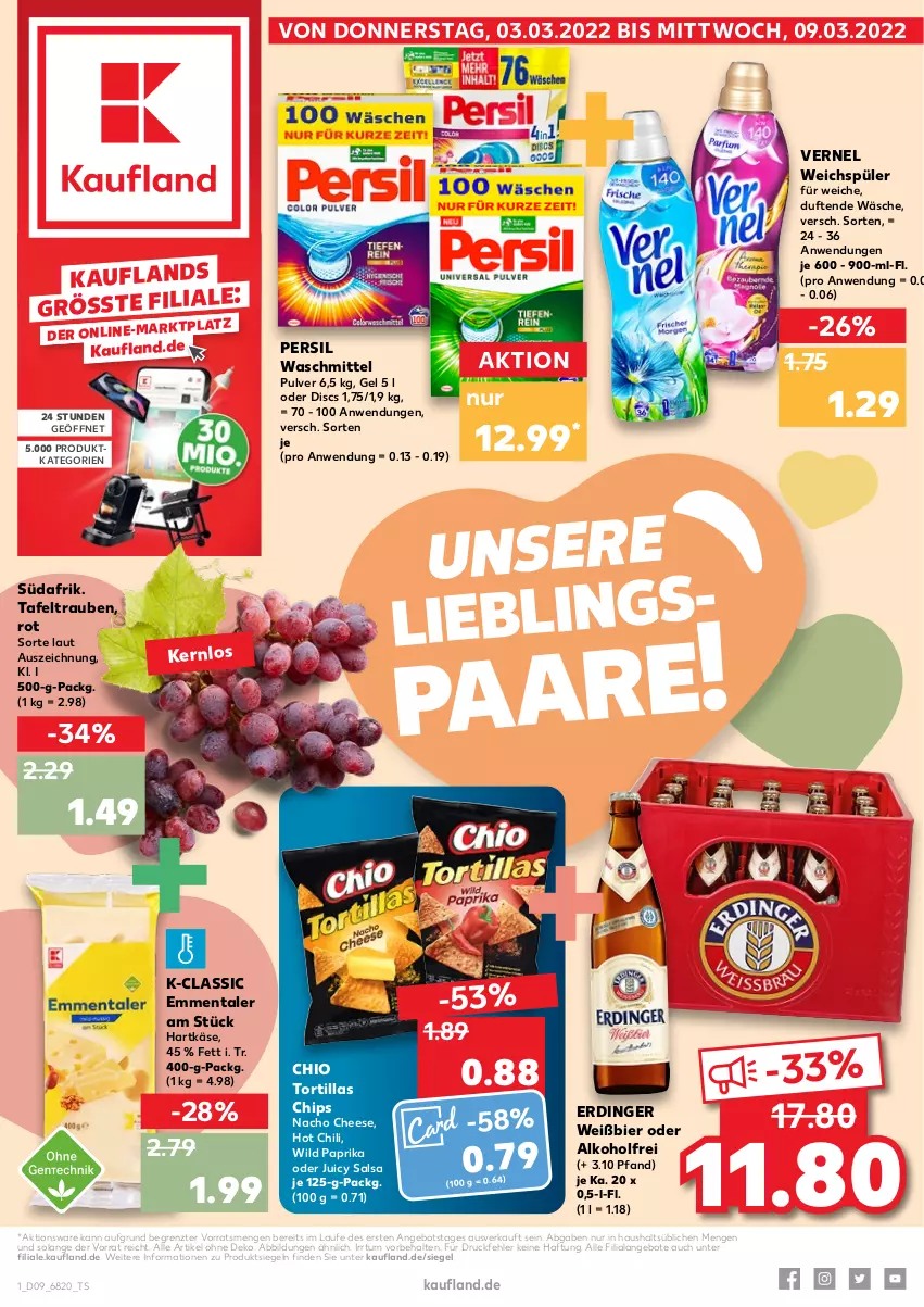 Aktueller Prospekt Kaufland - von 03.03 bis 09.03.2022 - strona 1 - produkty: alkohol, angebot, angebote, bier, chili, chips, emmentaler, erdinger, hartkäse, hot chili, Käse, nacho, nacho cheese, paprika, persil, persil waschmittel, Salsa, tafeltrauben, Ti, tortilla, tortillas, trauben, vernel, waschmittel, weichspüler, Wild, wild paprika, ZTE