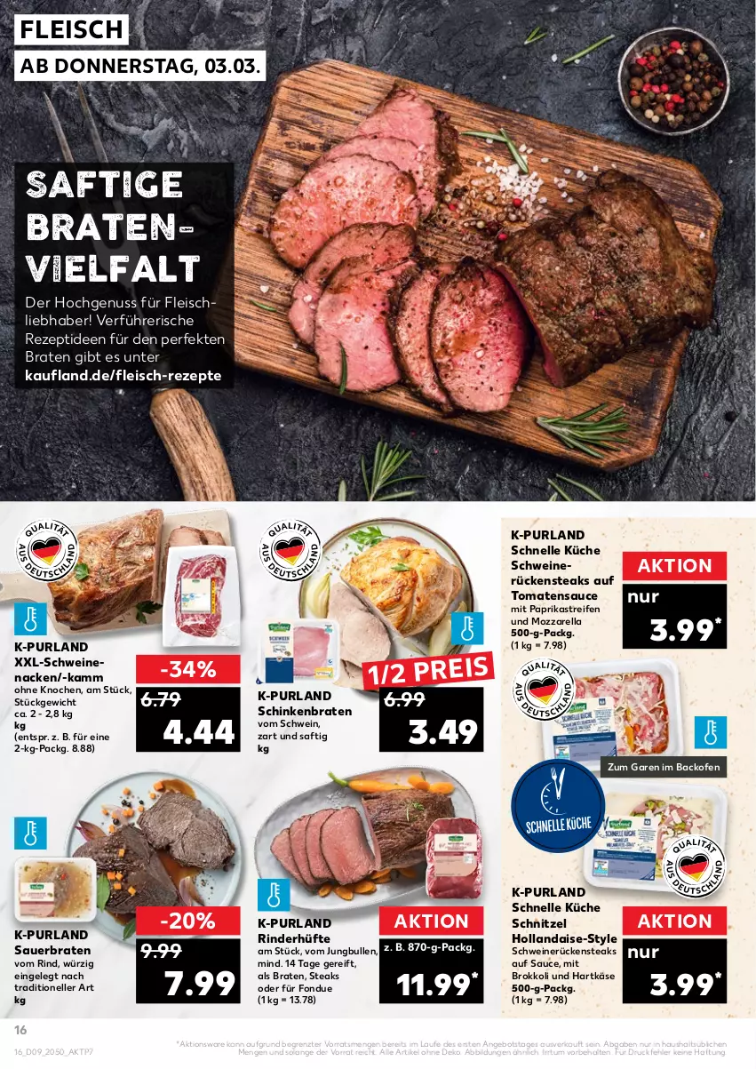 Aktueller Prospekt Kaufland - von 03.03 bis 09.03.2022 - strona 16 - produkty: angebot, auer, backofen, braten, brokkoli, eis, elle, fleisch, Fondue, hartkäse, hollandaise, jungbullen, Käse, küche, mit paprika, mozzarella, nuss, Ofen, paprika, purland, reifen, reis, rel, rezept, rezepte, rind, rinder, Rinderhüfte, Rückensteak, rückensteaks, saft, sauce, schinken, schinkenbraten, schnitzel, schwein, schweine, schweinenacken, schweinerücken, steak, steaks, Ti, tomate, tomaten, tomatensauce, wein, weine, ZTE